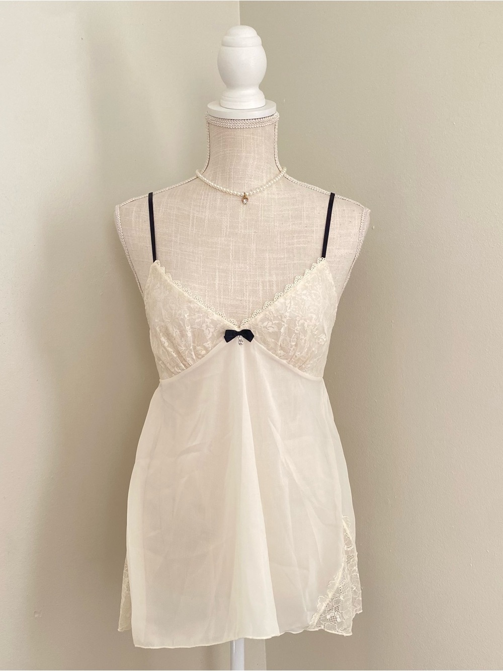 Ivory Lace Trim Slip Chemise with Black Bow
